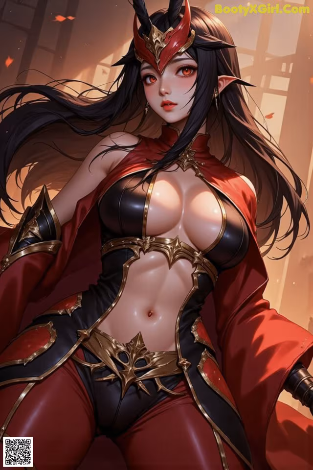 A woman in a red and black outfit holding a sword.