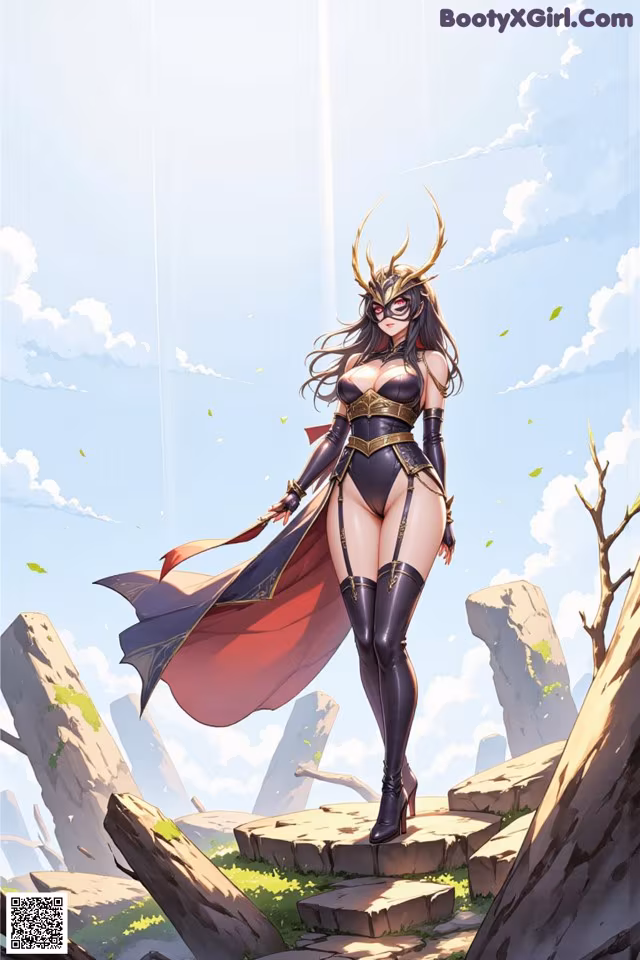 A woman dressed as a superhero standing on a rocky hillside.