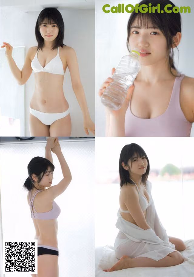 A woman in a white bikini holding a bottle of water.