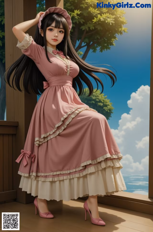 A woman in a pink dress sitting on a window sill.