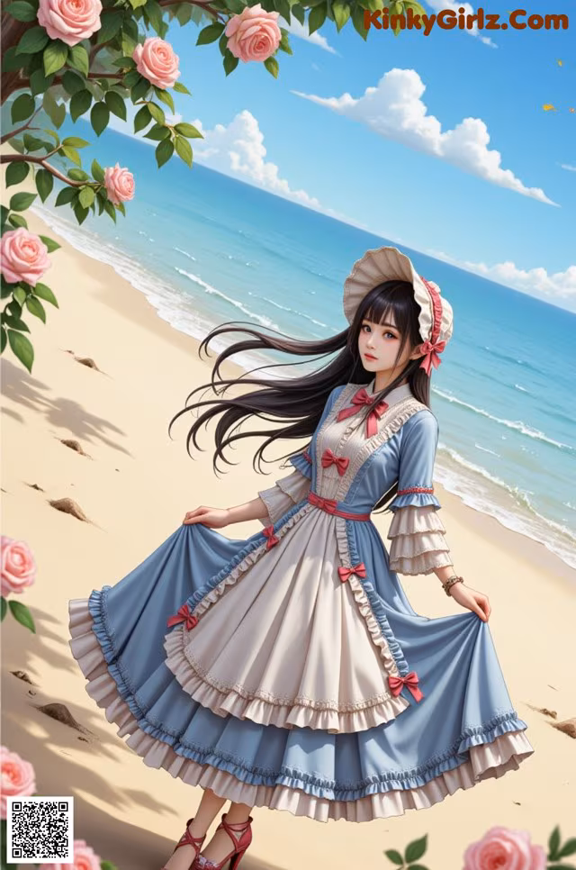 A girl in a blue dress and hat standing on a beach.