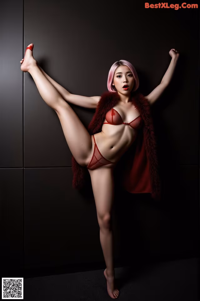A woman in a red lingerie posing for a picture.