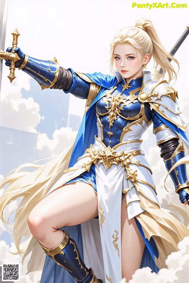 A woman in a blue and white outfit holding a sword.