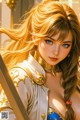 A woman with long blonde hair holding a sword.
