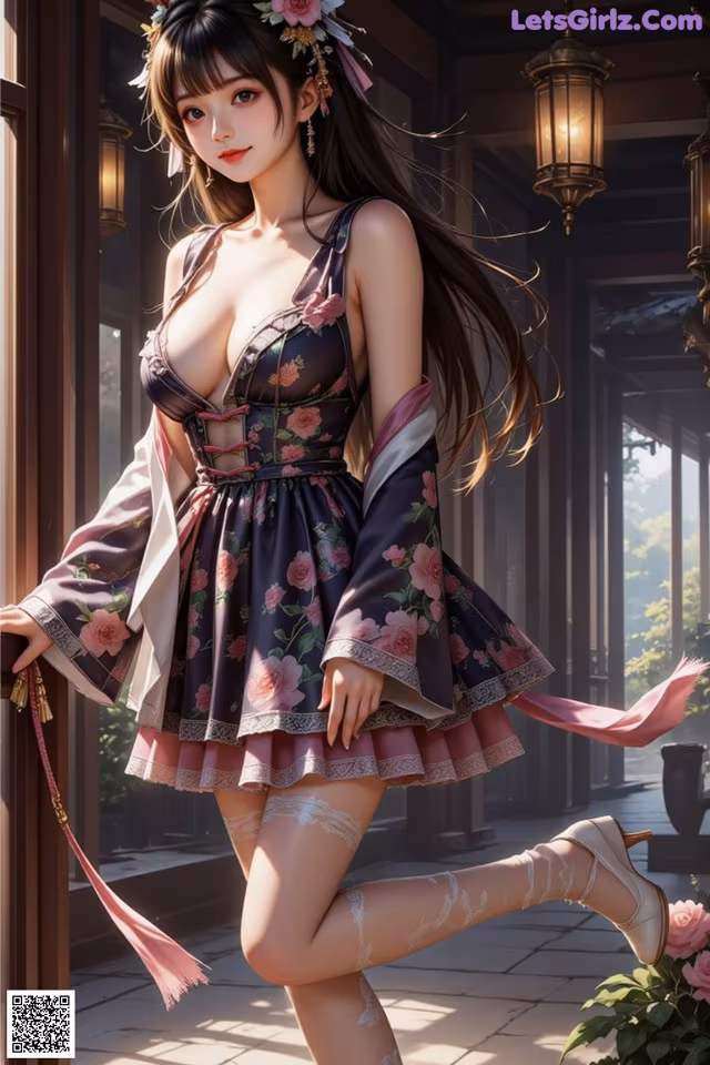 A woman in a dress with a flower crown on her head.