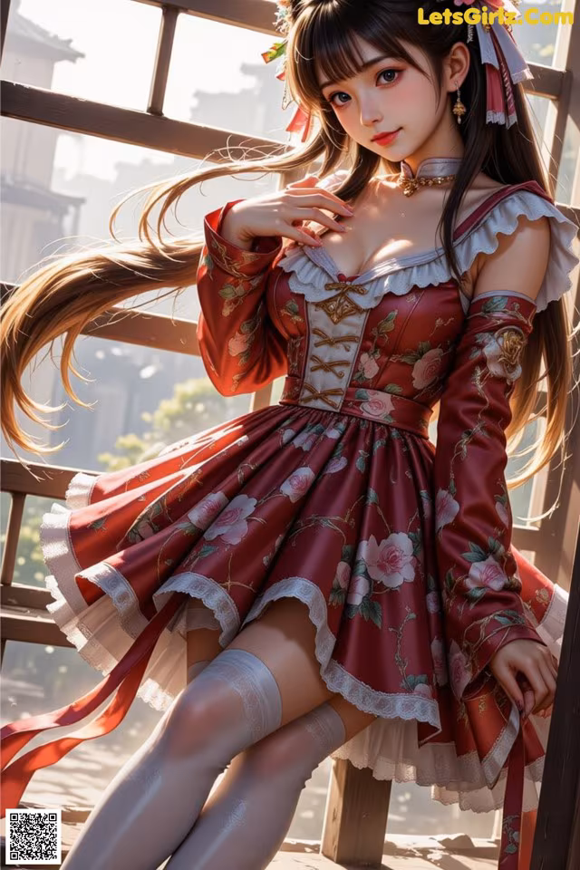 A woman in a red dress sitting on a wooden bench.