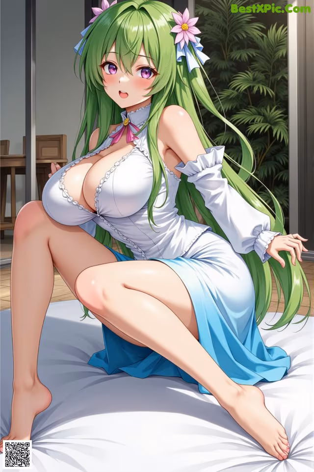 A woman with long green hair sitting on a bed.