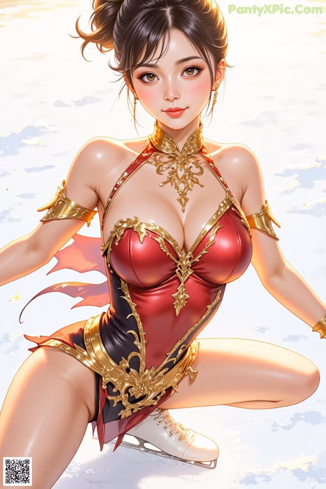 A woman in a red and gold outfit sitting on the ground.