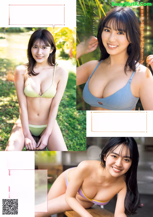 A woman in a bikini sitting on a wooden bench.