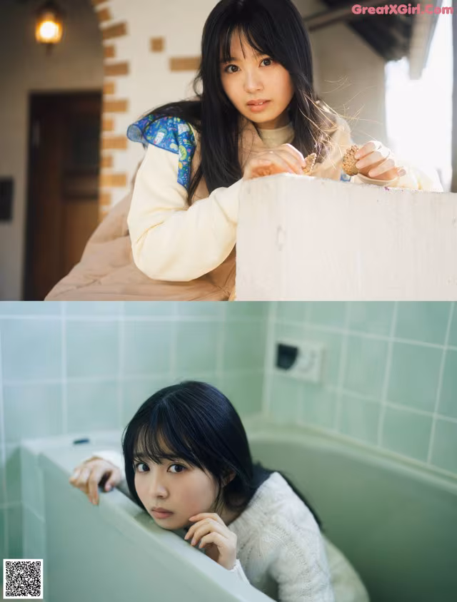 A woman sitting in a bathtub next to a wall.