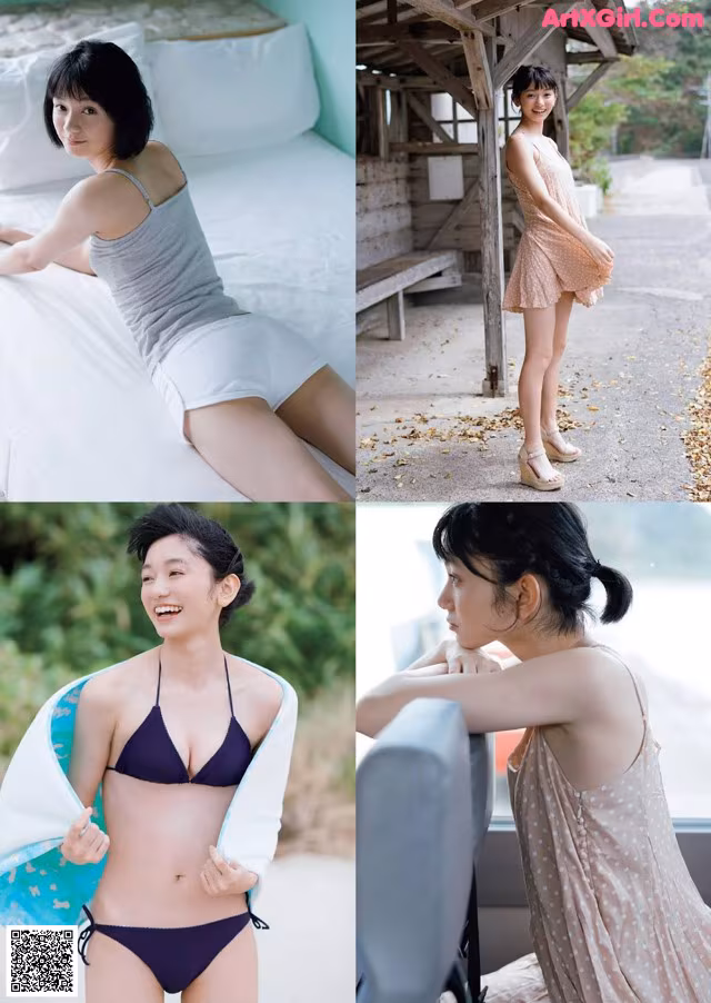 A collage of photos of a woman in a bikini and a man in a bathing suit.