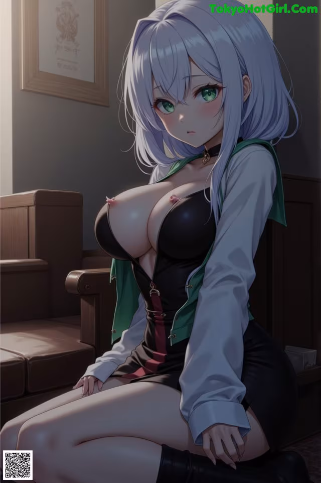 Anime girl with big tits sitting on a couch.