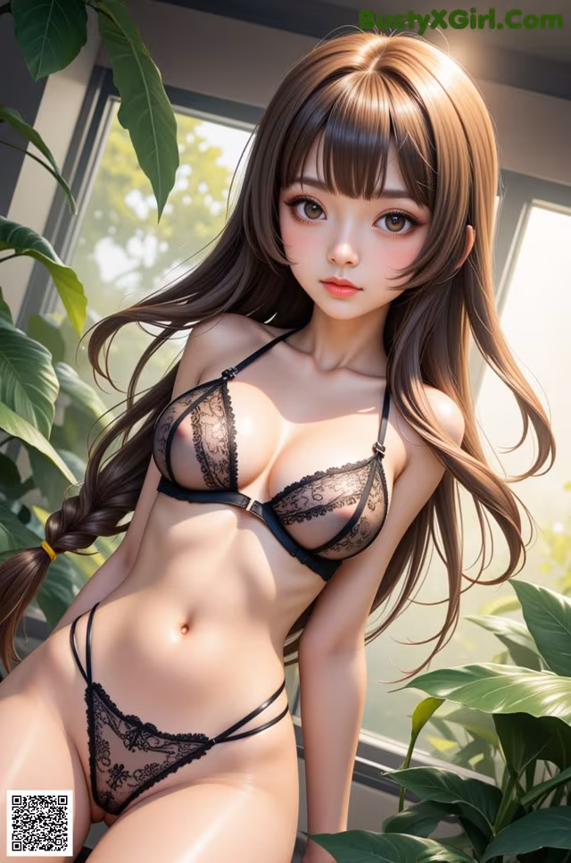 A woman in a black lingerie sitting on a window sill.