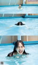 A woman in a swimming pool laughing and smiling.