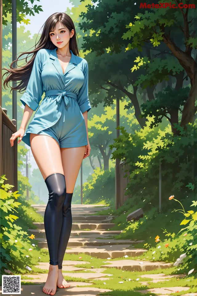 A woman in a blue romper and thigh high boots walking down a path.